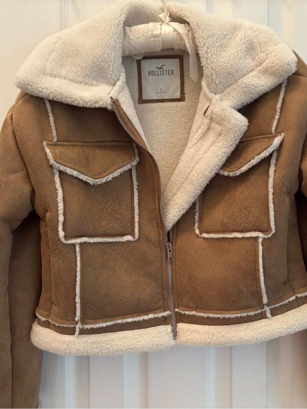Hollister Tan Faux Suede Cropped Jacket with Cream Shearling